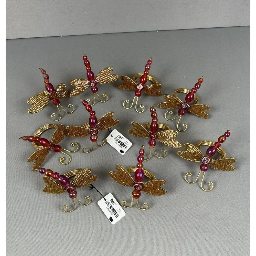 10 Pier One Imports Beaded Dragonfly Napkin Rings Gold Wire Wings & Orange Beads